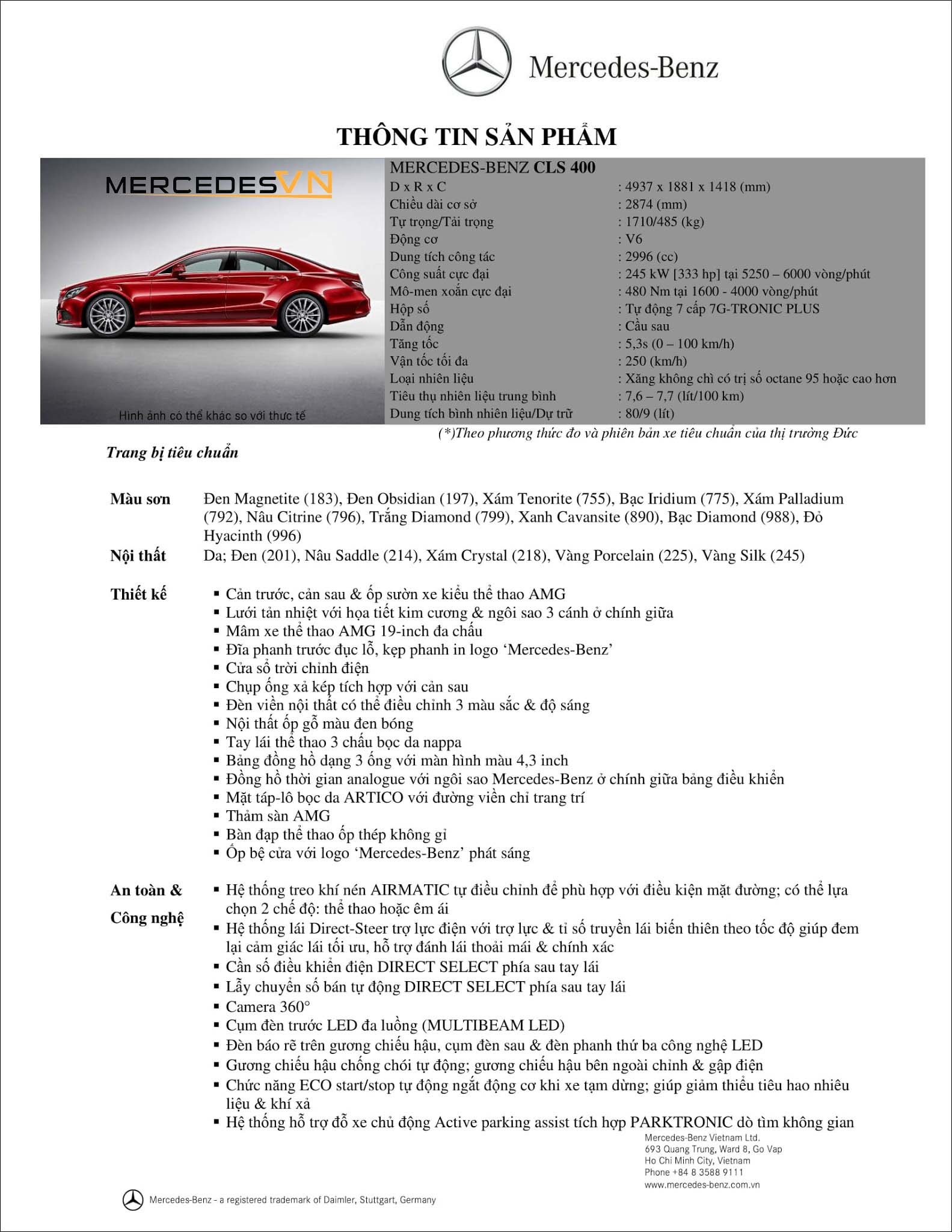 Bảng thông số kỹ thuật Mercedes CLS 400 2019 tại MercedesVN