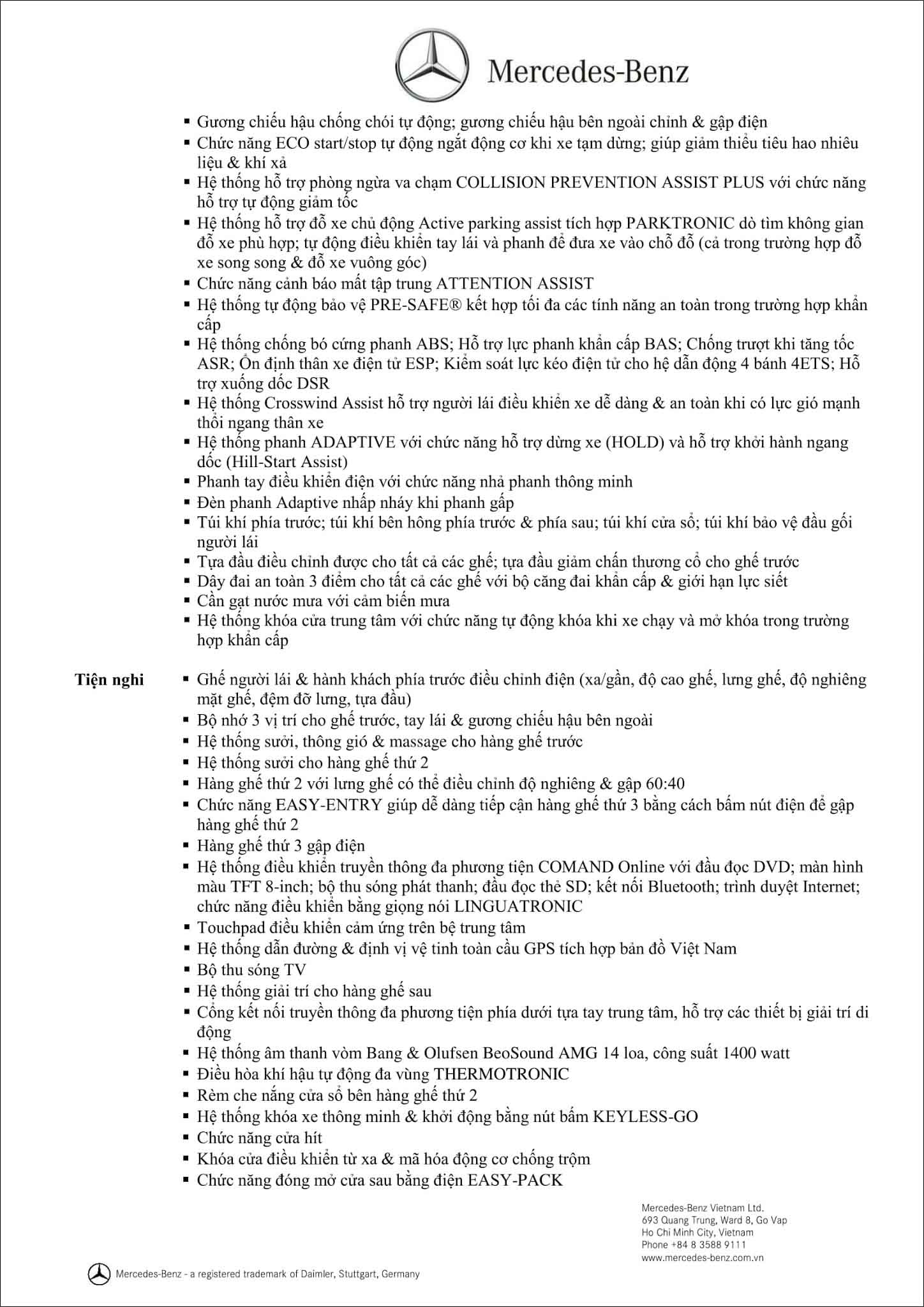 Bảng thông số kỹ thuật Mercedes GLS 500 4MATIC 2019 tại MercedesVN