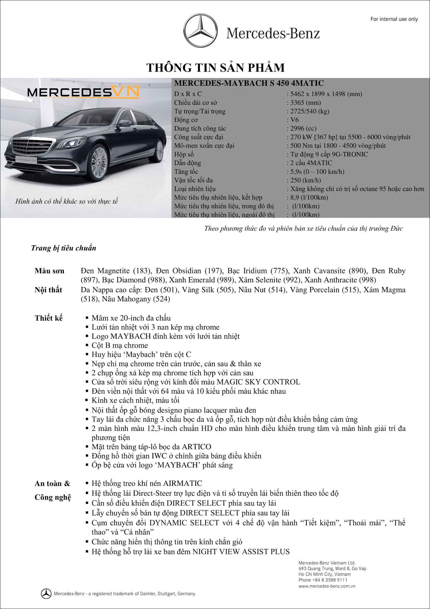 Bảng thông số kỹ thuật Mercedes Maybach S450 4MATIC 2019 tại MercedesVN