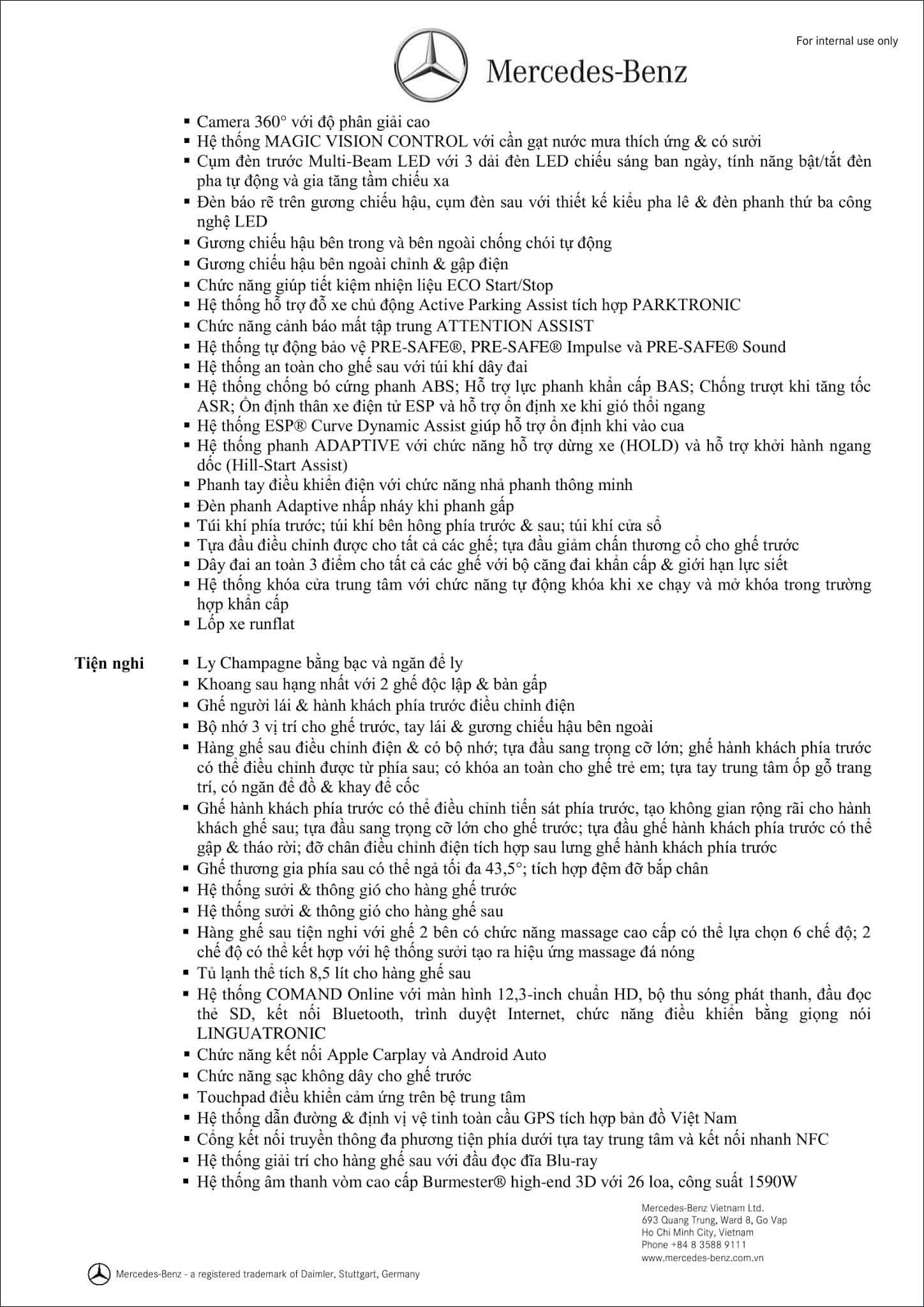 Bảng thông số kỹ thuật Mercedes Maybach S450 4MATIC 2019 tại MercedesVN