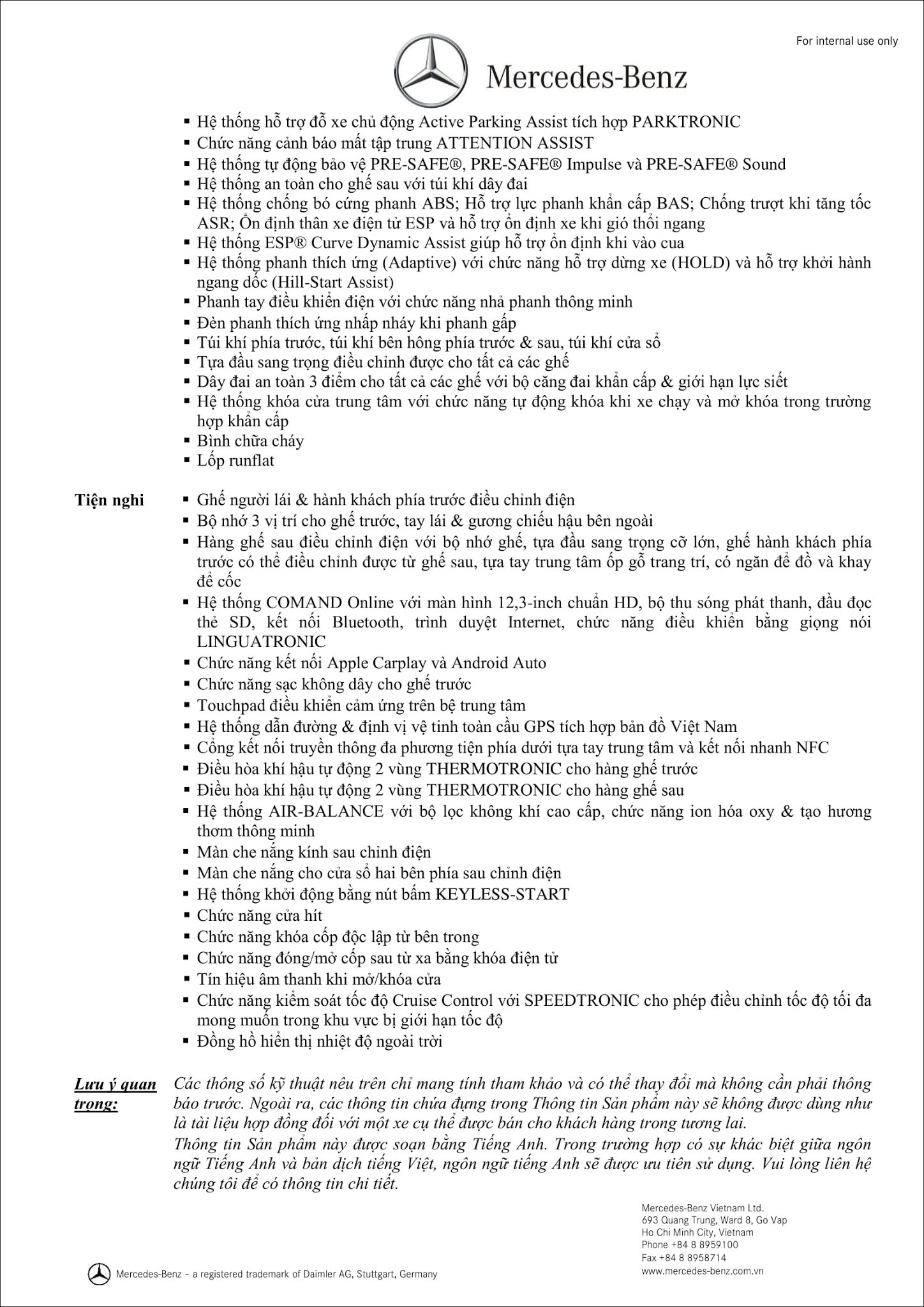 Bảng thông số kỹ thuật Mercedes S450 L Star 2019 tại MercedesVN