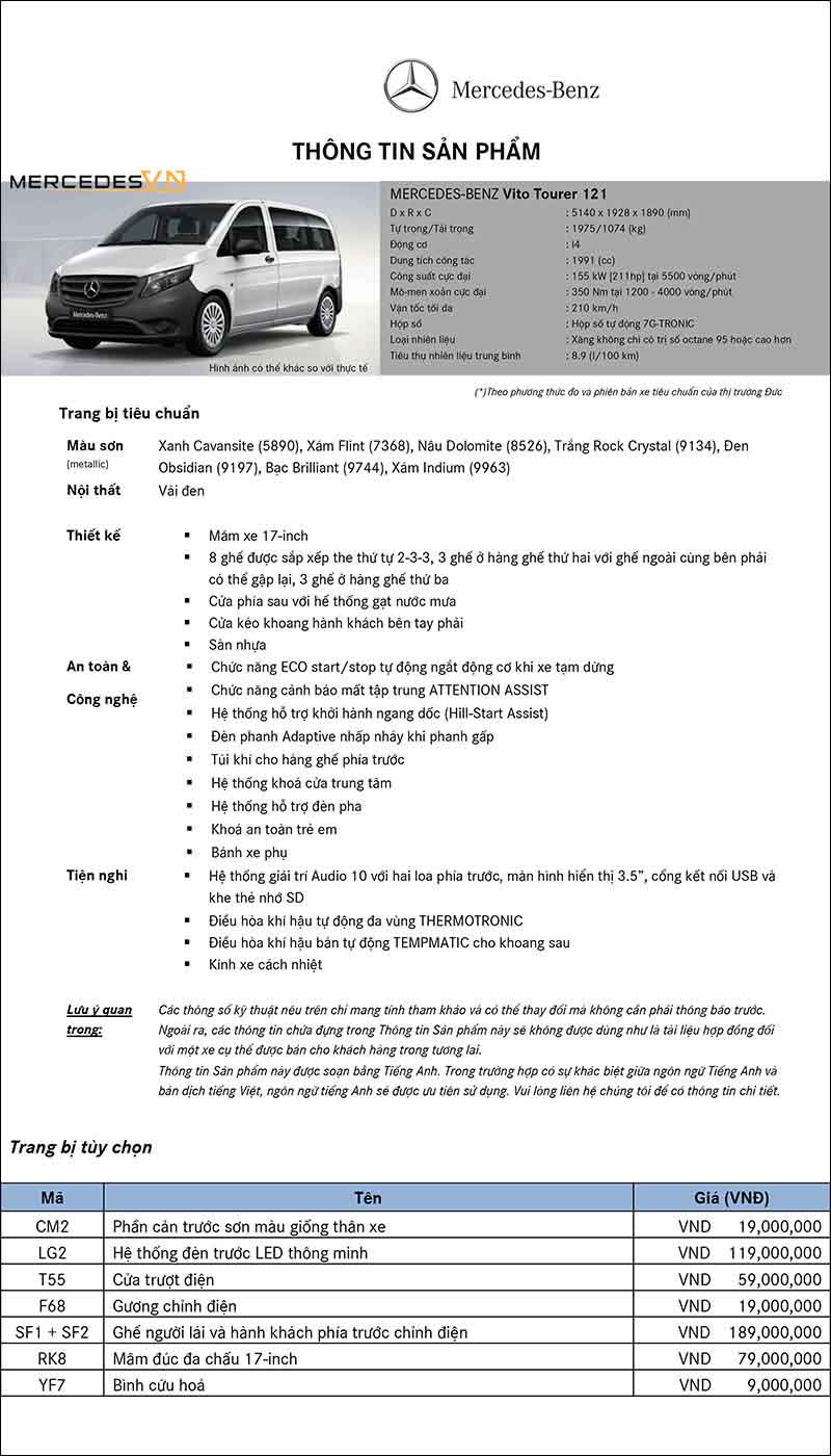 Bảng thông số kỹ thuật Mercedes Vito Tourer 121 2019 tại MercedesVN