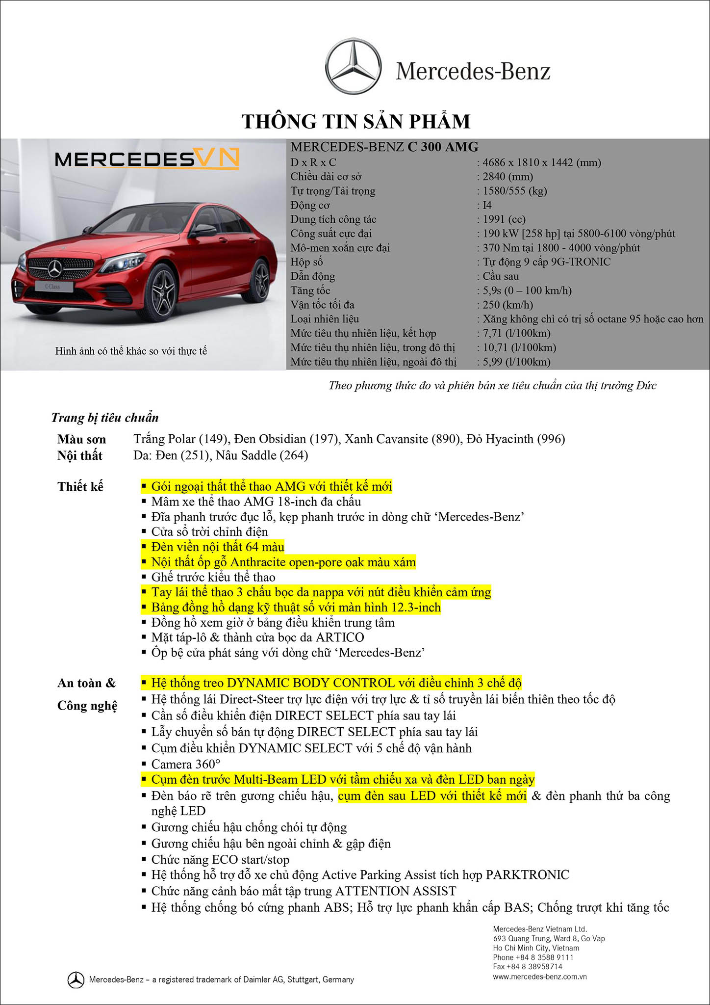 Bảng thông số kỹ thuật Mercedes C300 AMG 2019 tại MercedesVN