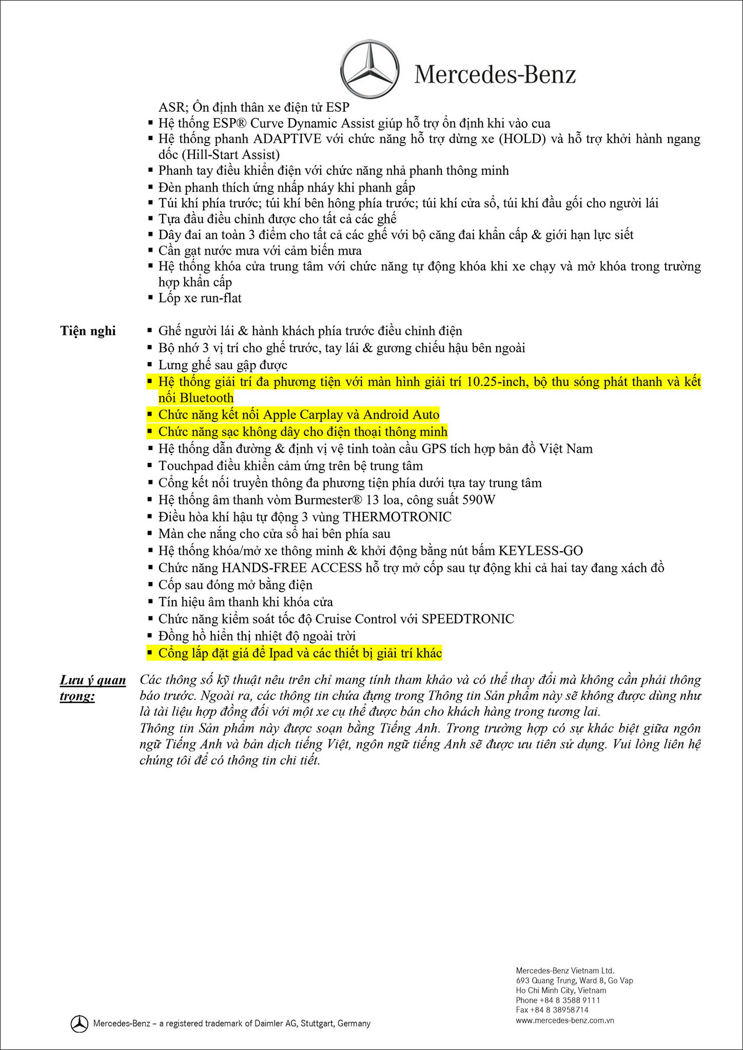 Bảng thông số kỹ thuật Mercedes C300 AMG 2019 tại MercedesVN