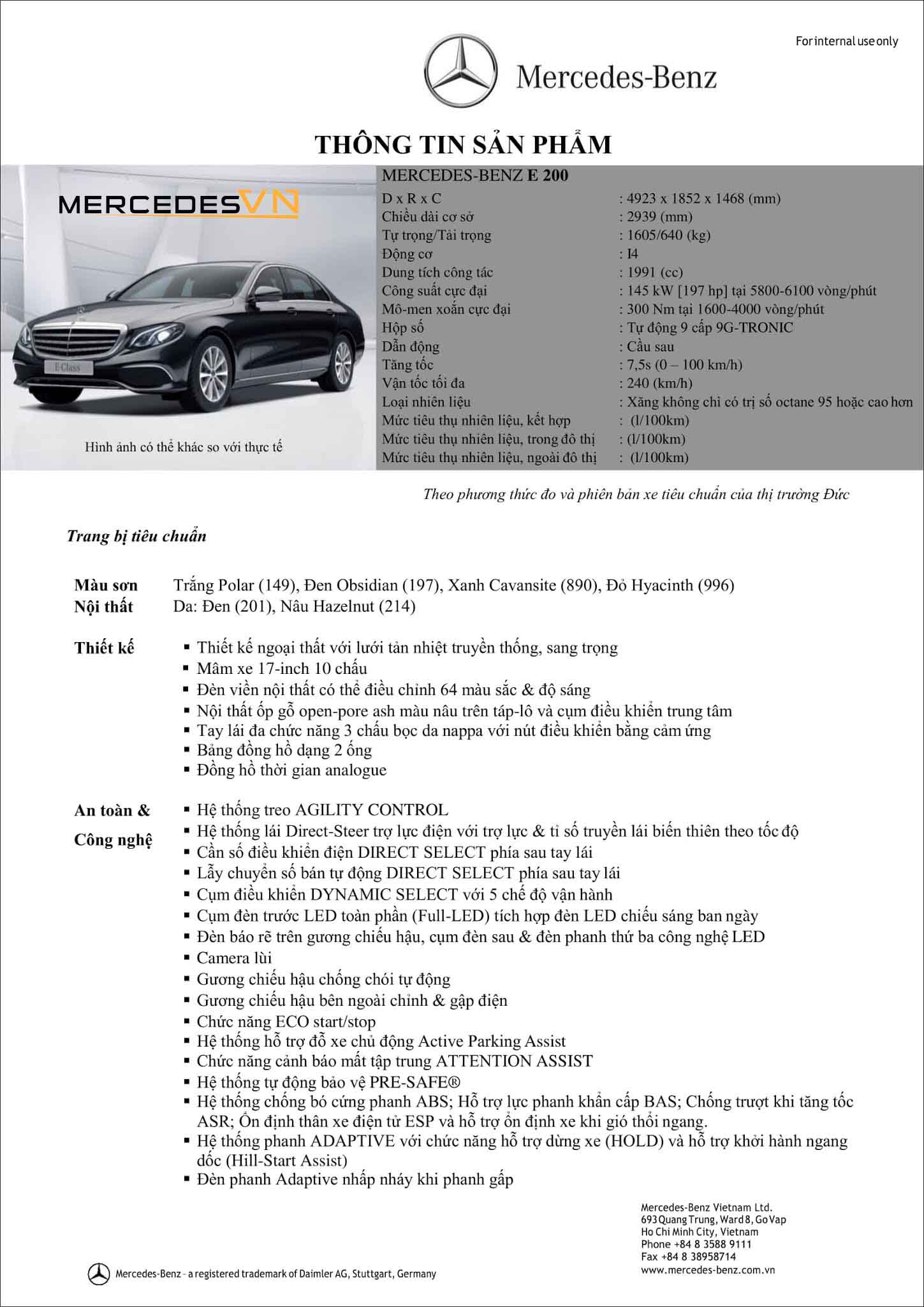 Bảng thông số kỹ thuật Mercedes E200 facelift 2019 tại MercedesVN