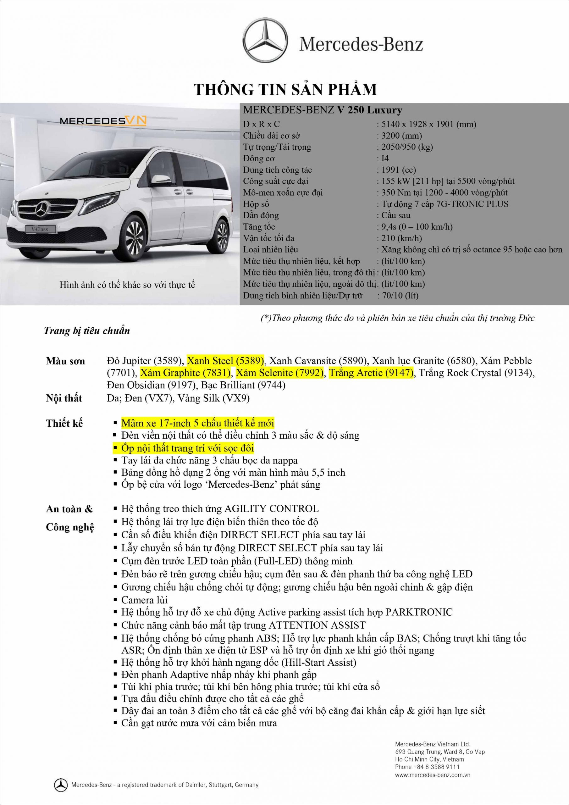 Bảng thông số kỹ thuật Mercedes V250 Luxury 2019 mới ra mắt tại MercedesVN