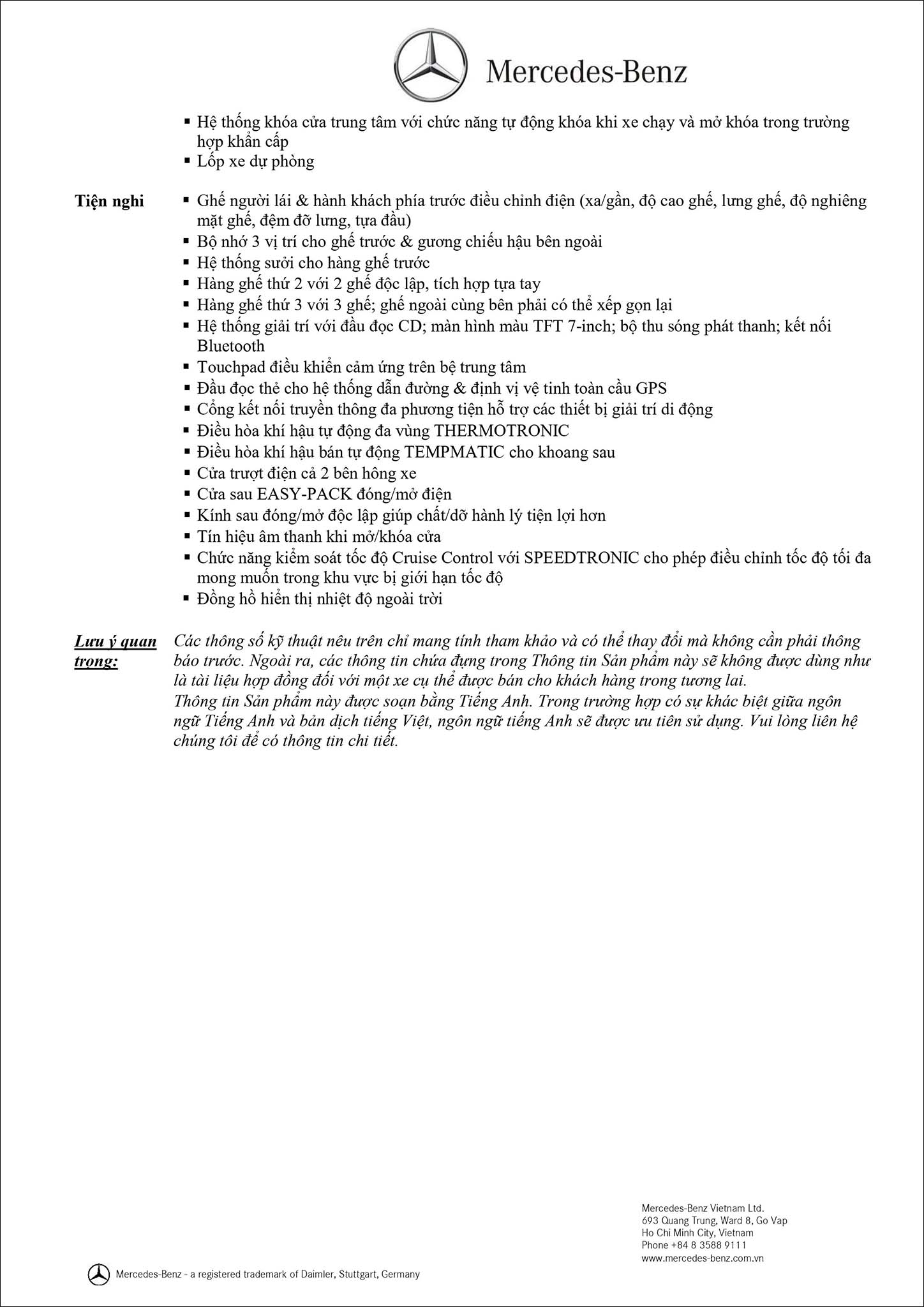 Bảng thông số kỹ thuật Mercedes V250 Luxury 2019 mới ra mắt tại MercedesVN