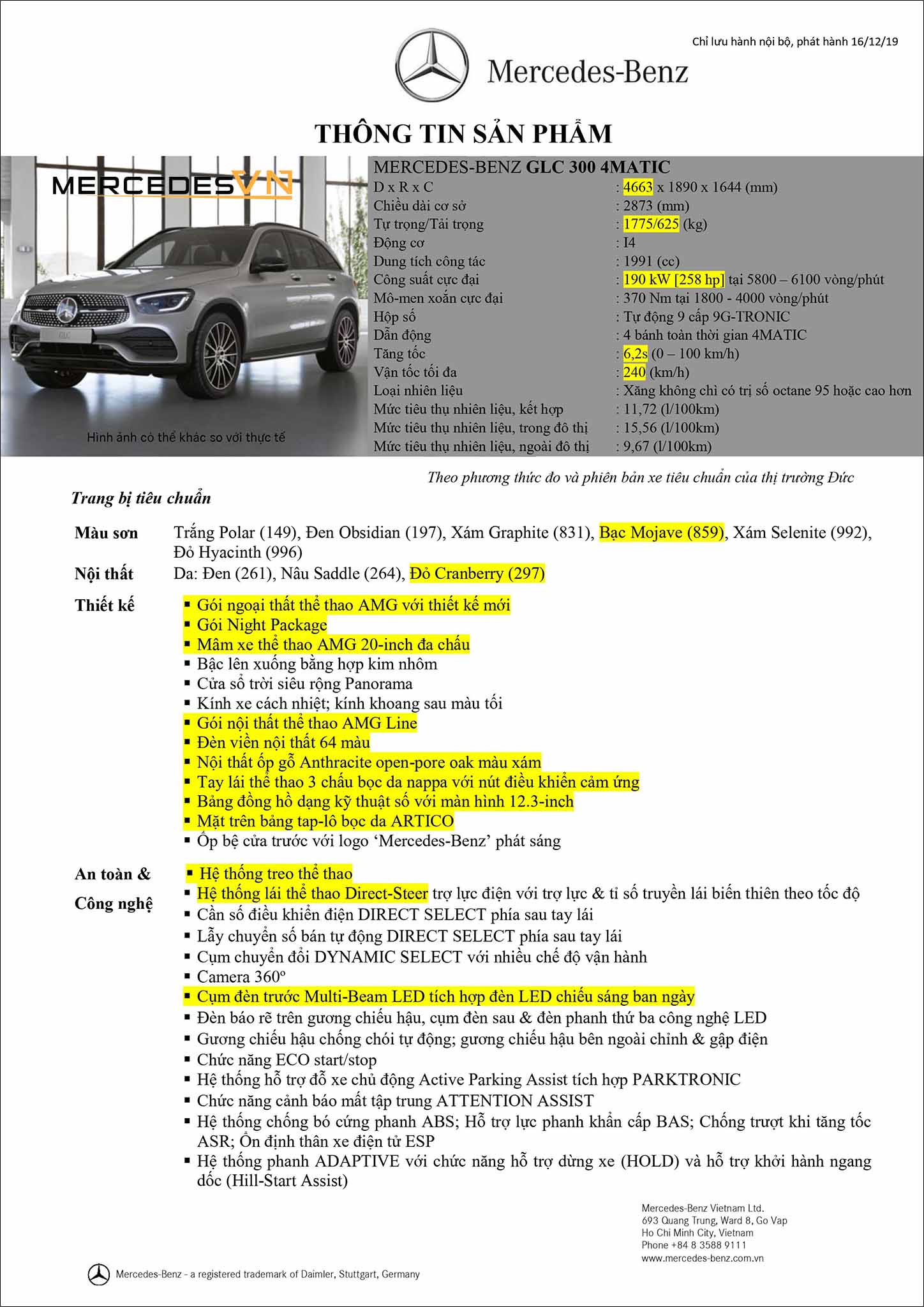 Bảng thông số kỹ thuật Mercedes GLC 300 4MATIC 2019 phiên bản nâng cấp nhập khẩu tại MercedesVN