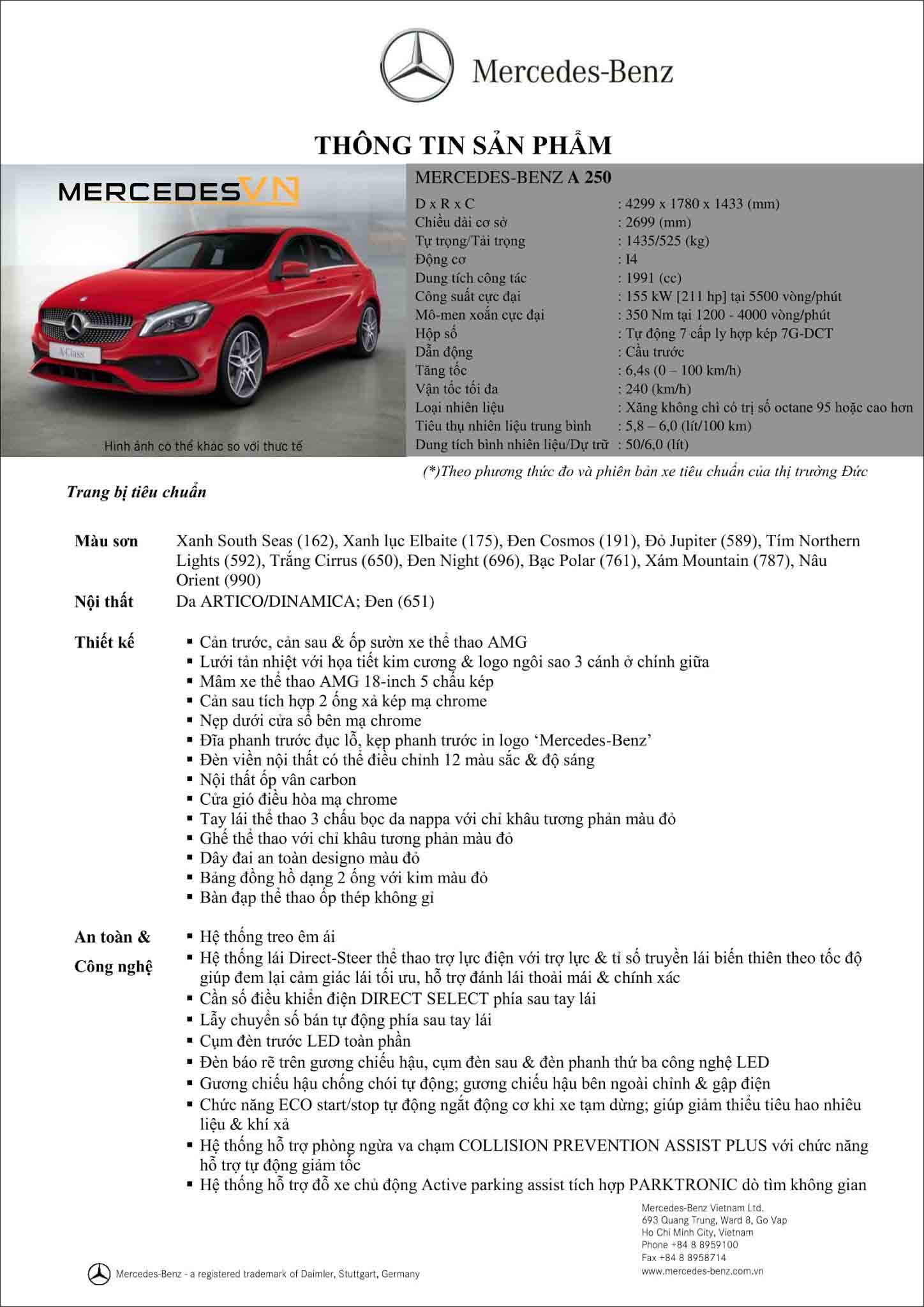 Bảng thông số kỹ thuật Mercedes A250 2019