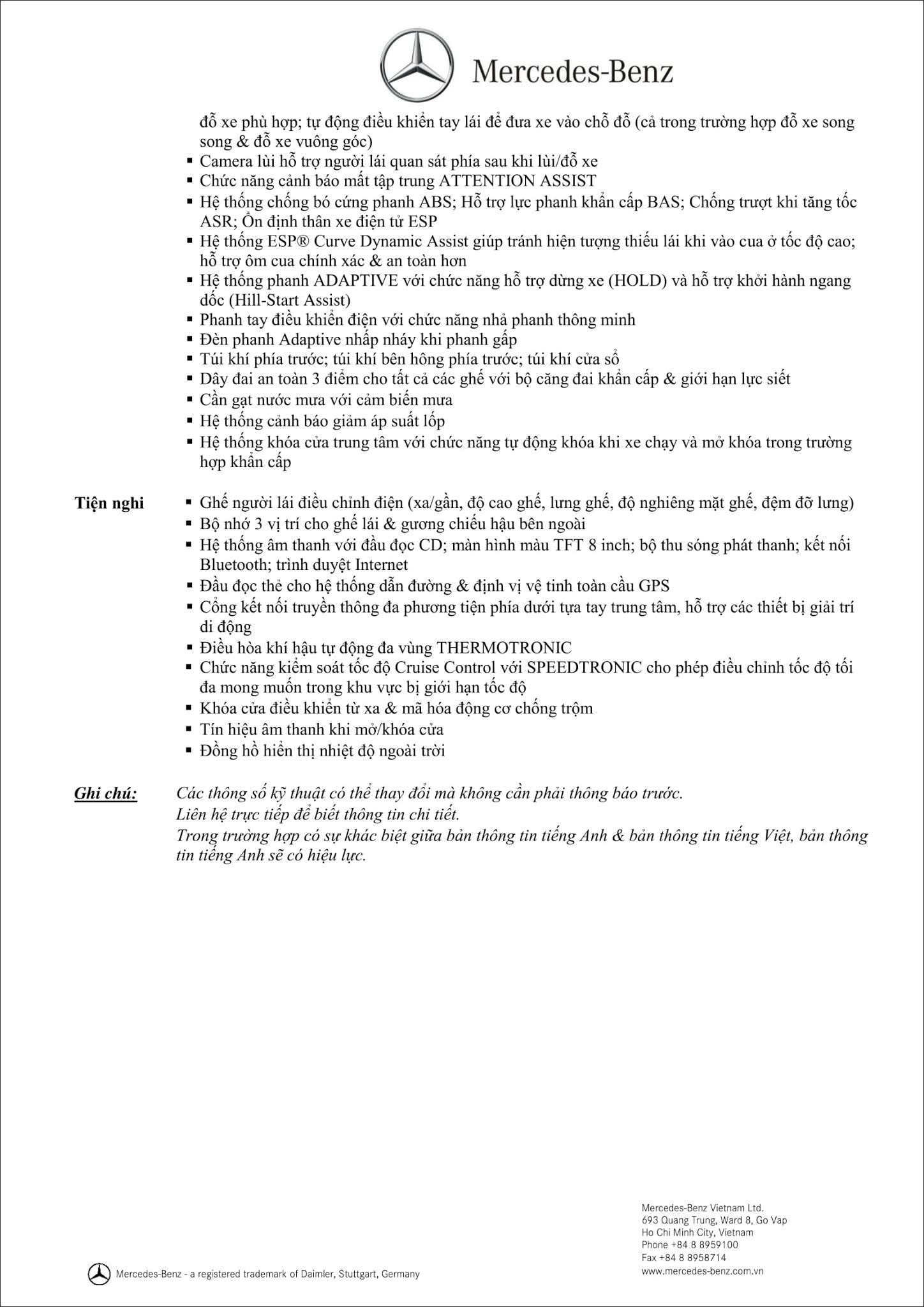 Bảng thông số kỹ thuật Mercedes A250 2019