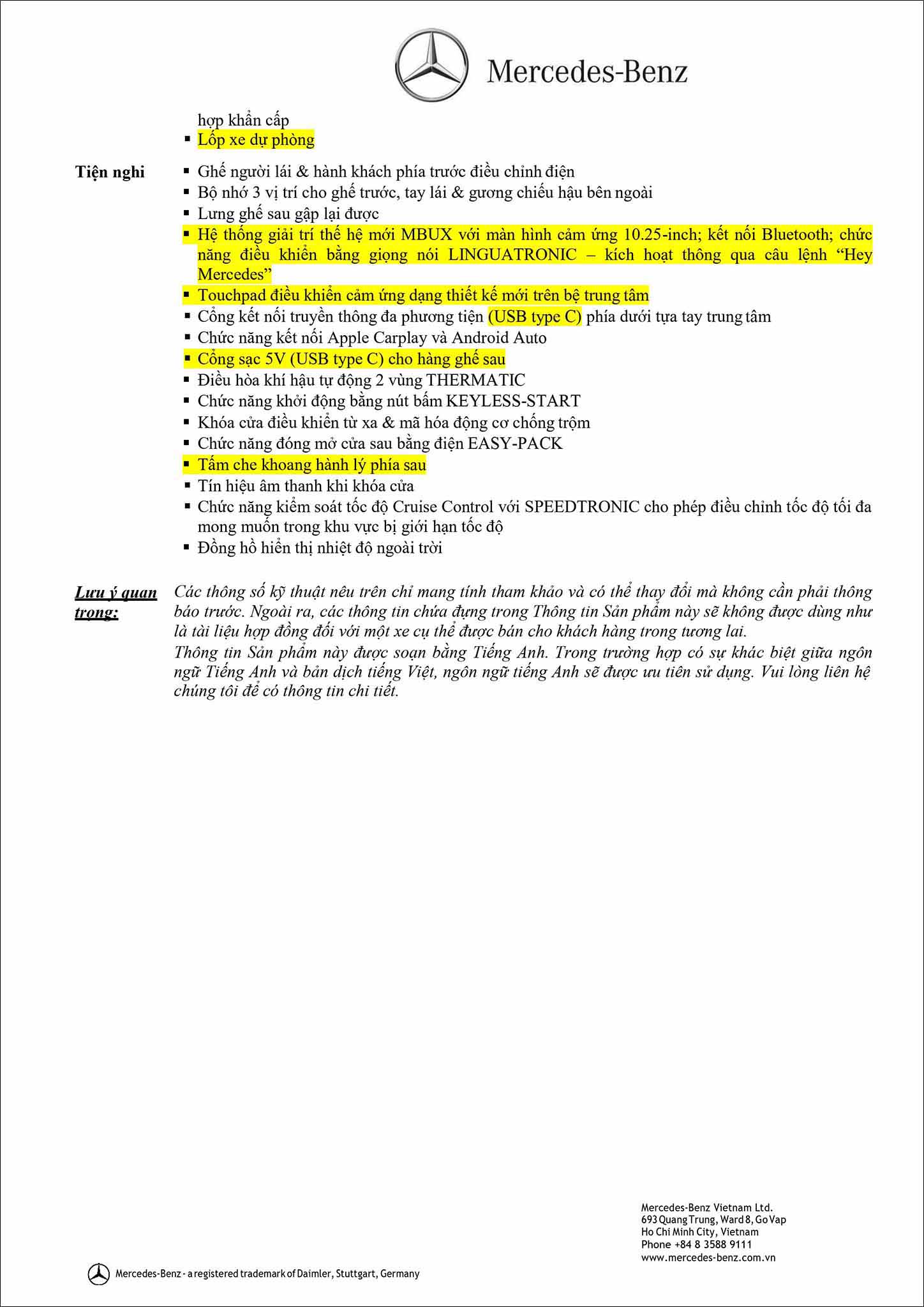 Bảng thông số kỹ thuật Mercedes GLC 200 2020 phiên bản nâng cấp tại MercedesVN