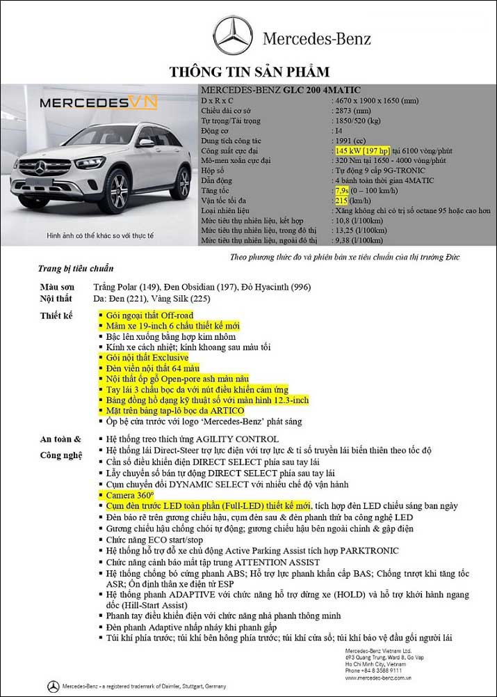 Bảng thông số kỹ thuật Mercedes GLC 200 4MATIC 2020 phiên bản nâng cấp tại MercedesVN