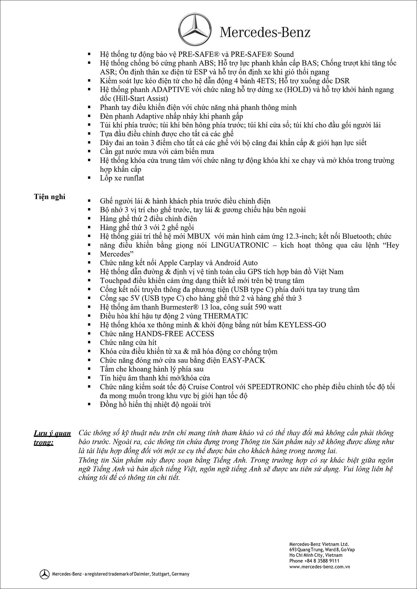 Bảng thông số kỹ thuật Mercedes GLE 450 4MATIC 2020 tại MercedesVN