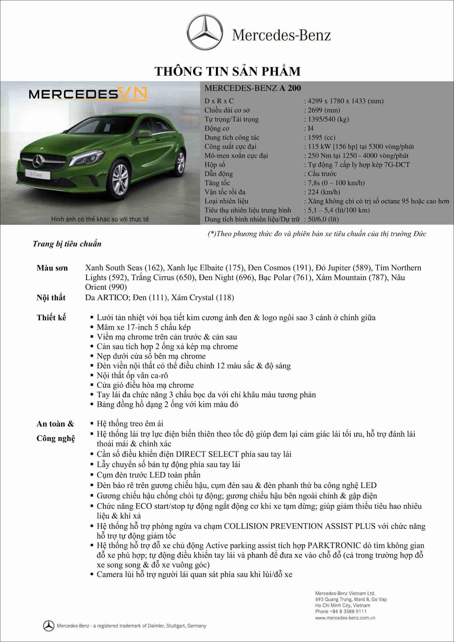 Bảng thông số kỹ thuật Mercedes A200 2019