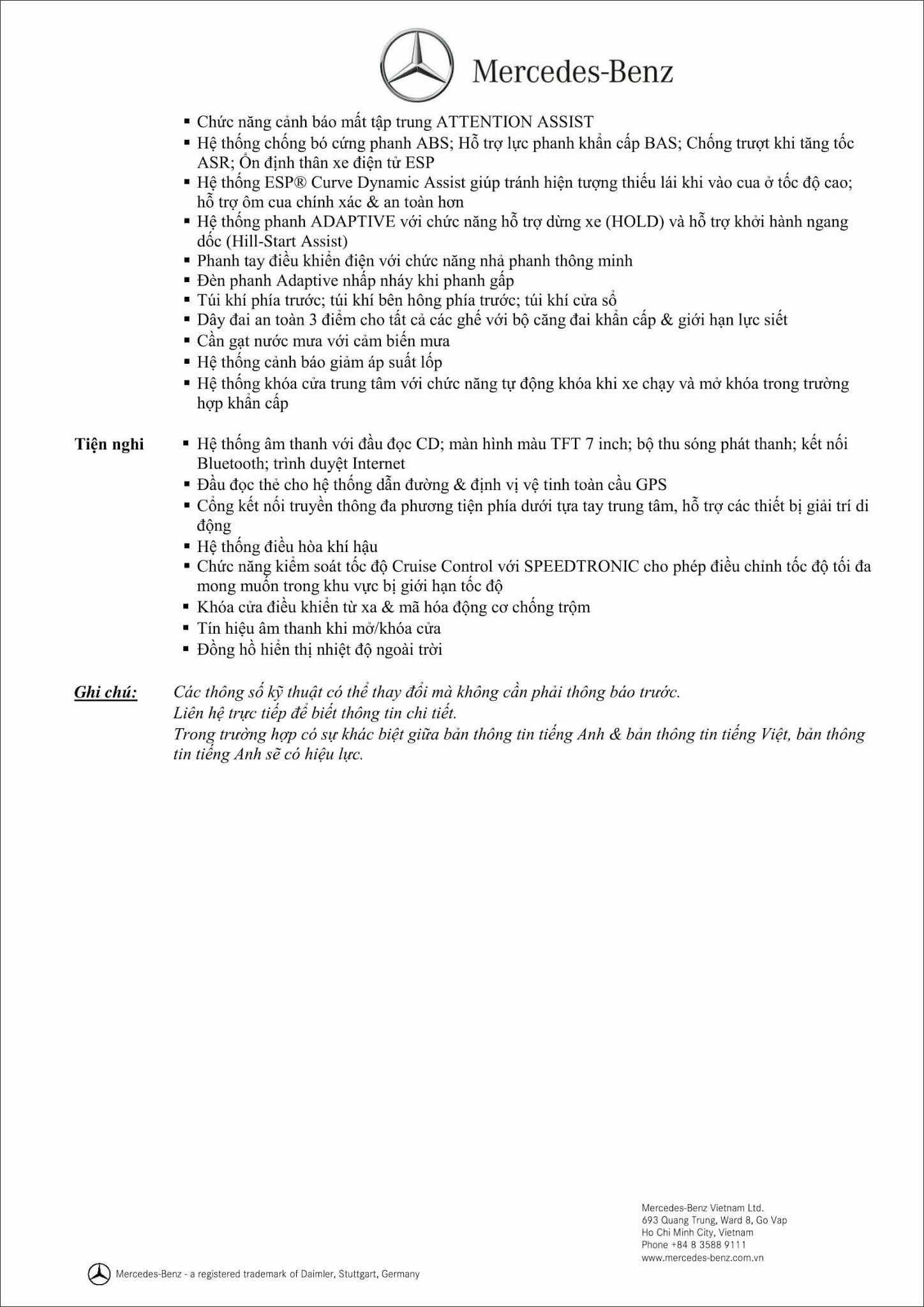 Bảng thông số kỹ thuật Mercedes A200 2019