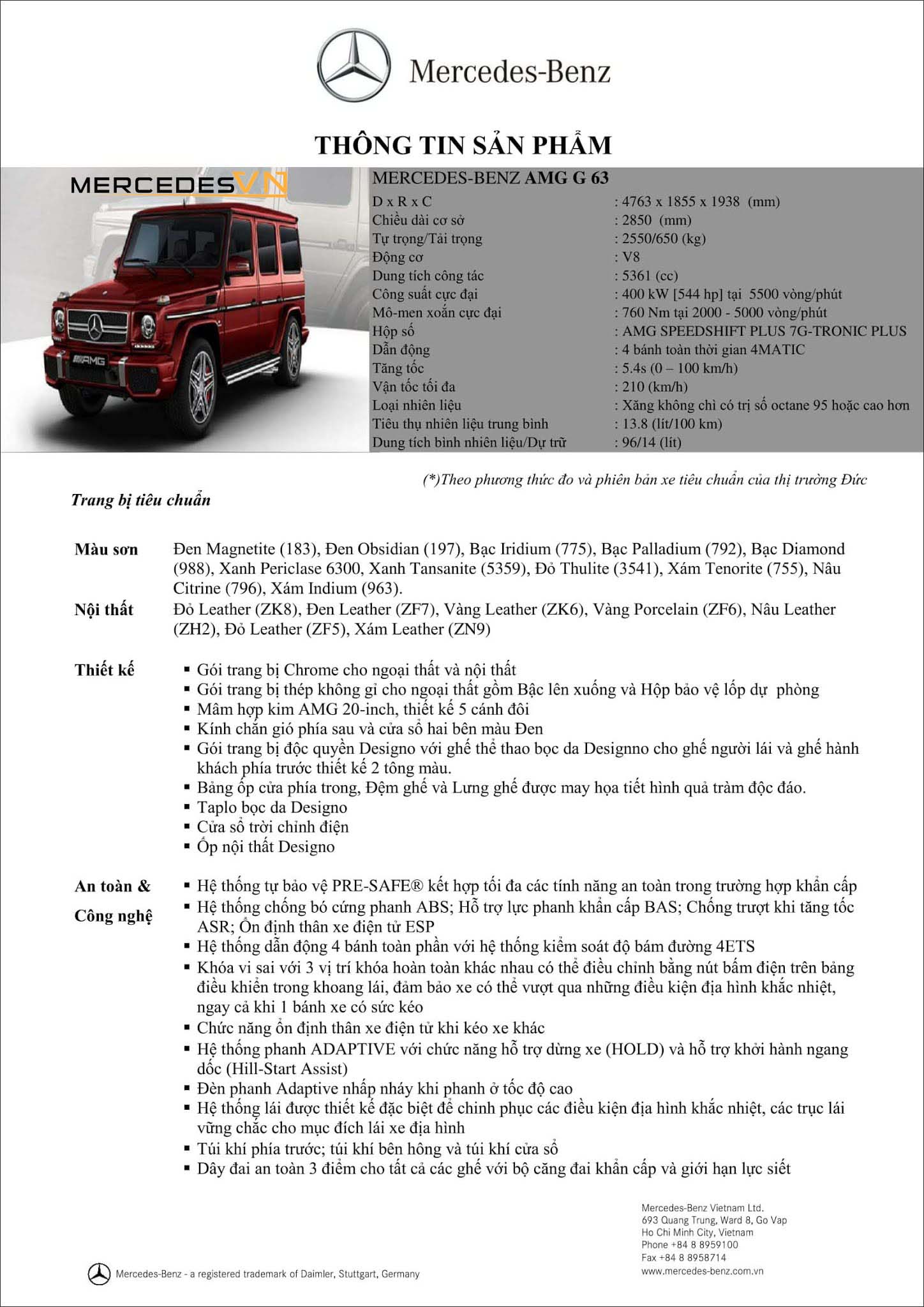 Bảng thông số kỹ thuật Mercedes AMG G63 2019 tại MercedesVN