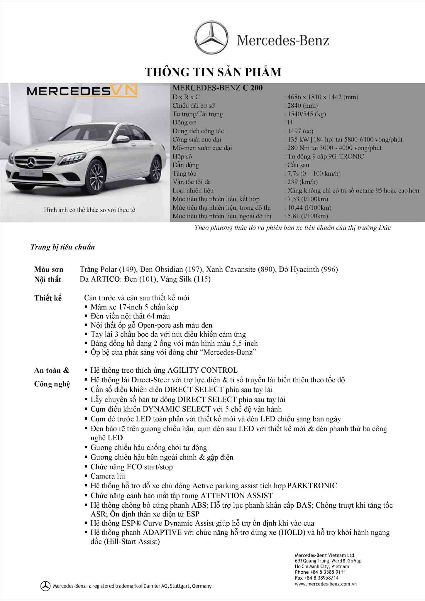 Bảng thông số kỹ thuật Mercedes C200 2019 facelift