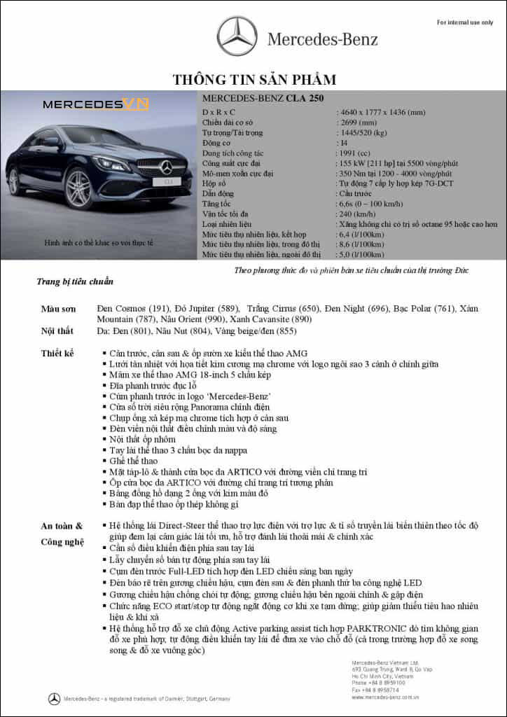 Bảng thông số kỹ thuật Mercedes CLA 250 2019 tại MercedesVN