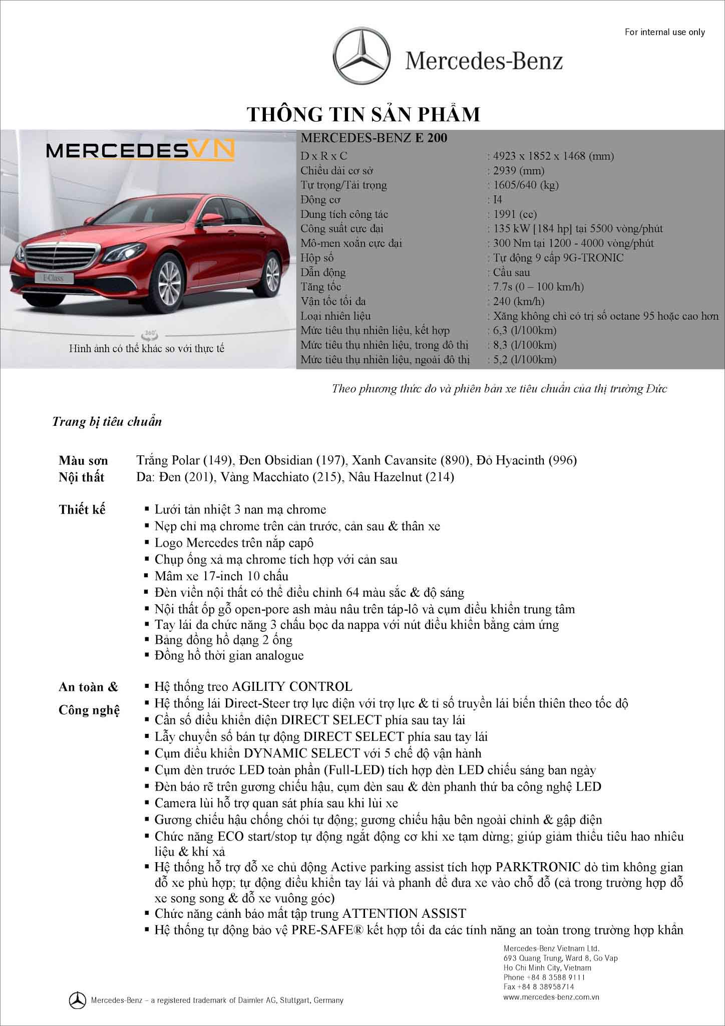 Bảng thông số kỹ thuật Mercedes E200 2019 tại MercedesVN