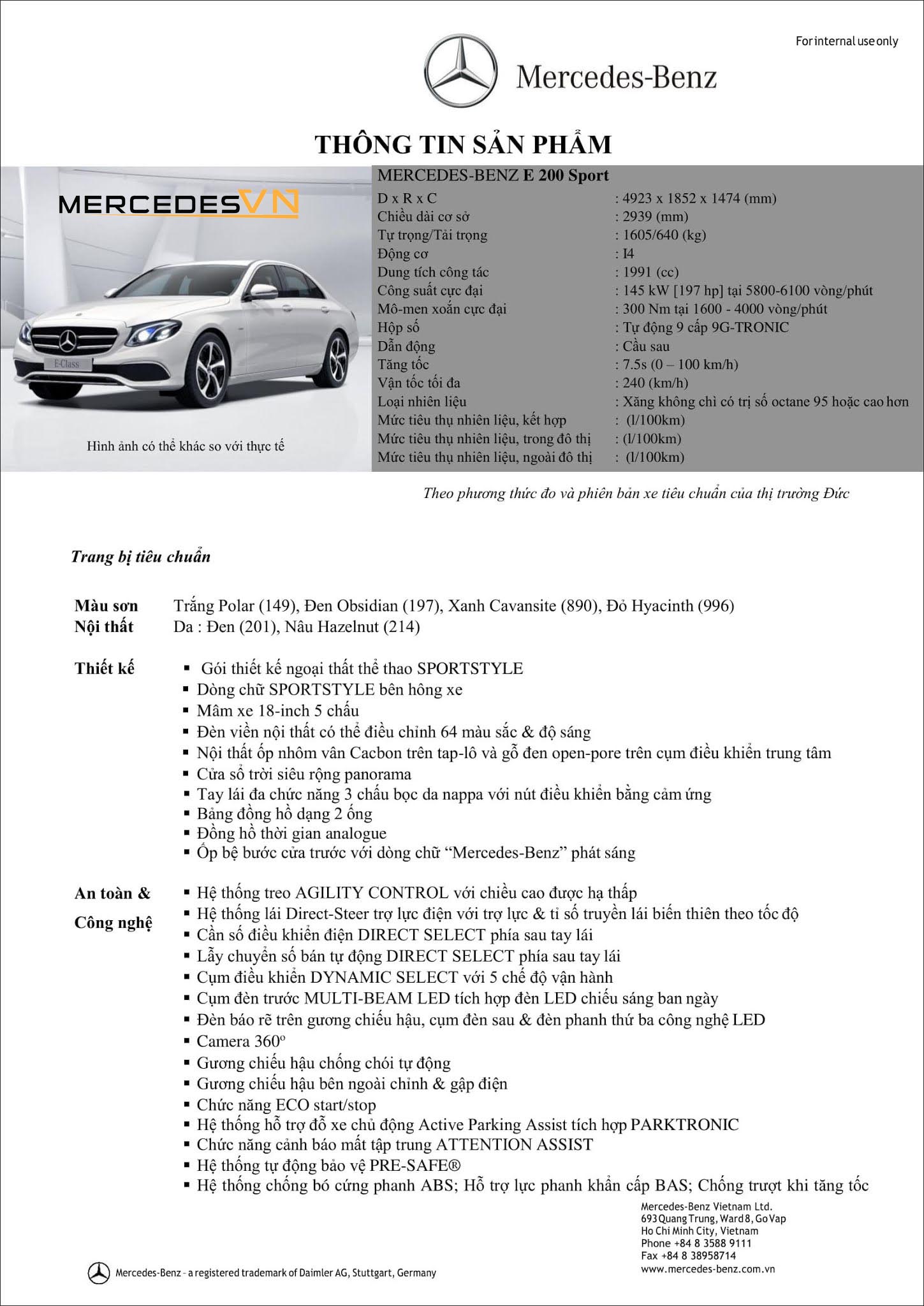 Bảng thông số kỹ thuật Mercedes E200 Sport 2019 tại MercedesVN