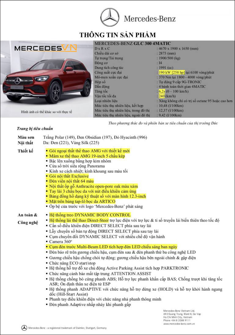 Bảng thông số kỹ thuật Mercedes GLC 300 4MATIC 2020 phiên bản nâng cấp tại MercedesVN