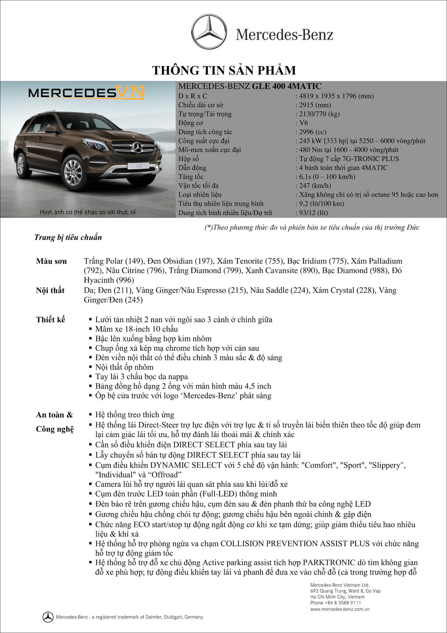 Bảng thông số kỹ thuật Mercedes GLE 400 4MATIC 2019 tại MercedesVN