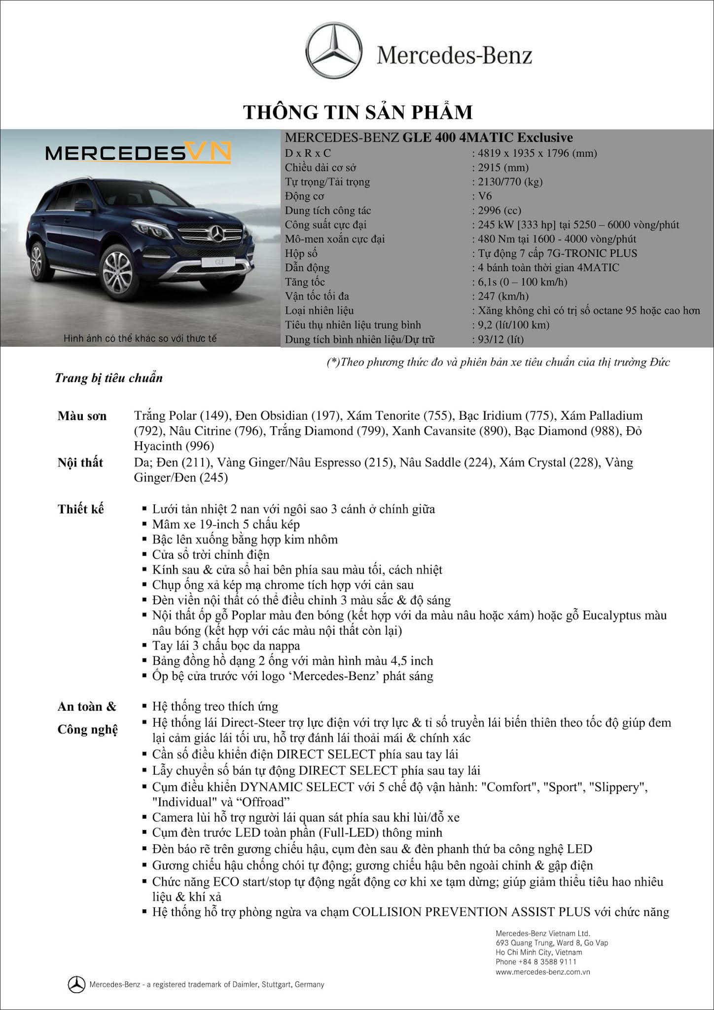 Bảng thông số kỹ thuật Mercedes GLE 400 4MATIC Exclusive 2019 tại MercedesVN