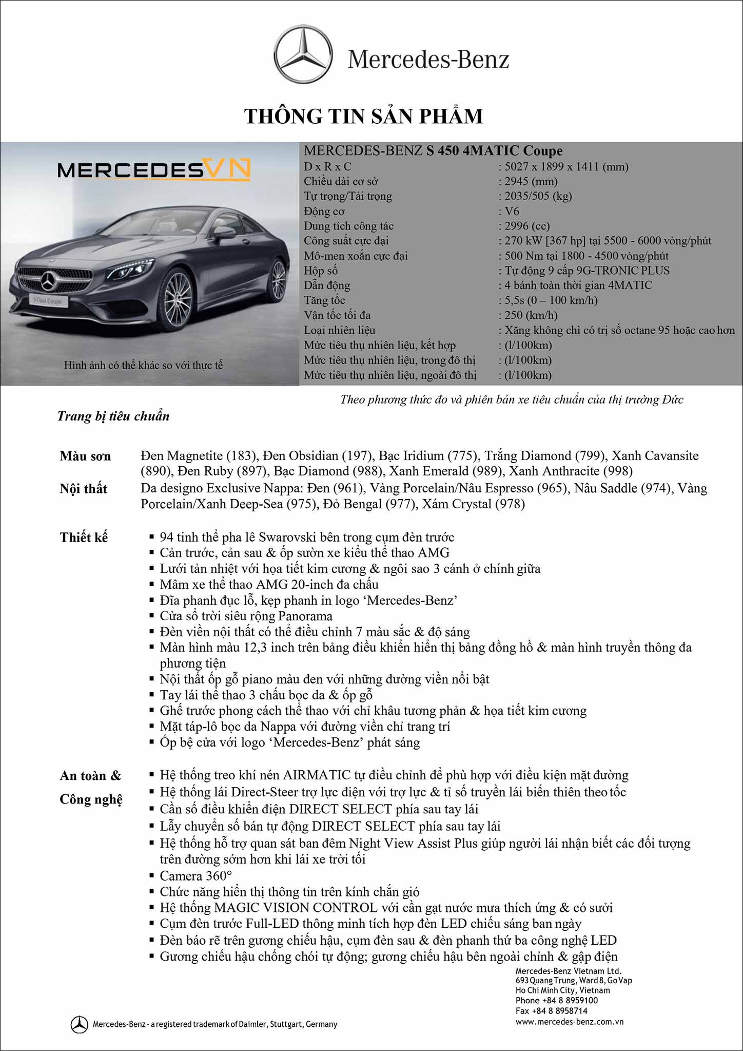 Bảng thông số kỹ thuật Mercedes S450 4MATIC Coupe 2019 tại MercedesVN