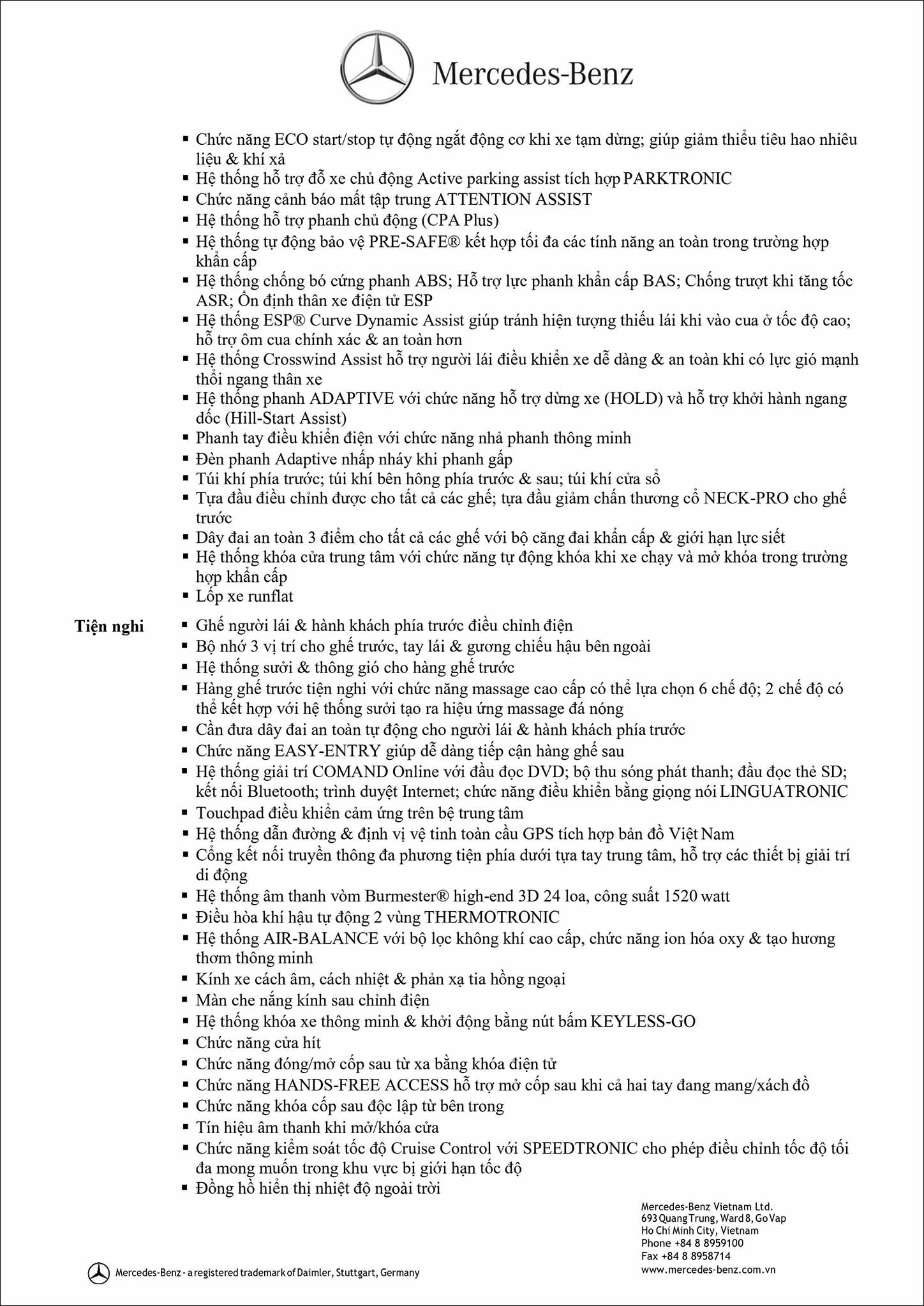 Bảng thông số kỹ thuật Mercedes S450 4MATIC Coupe 2019 tại MercedesVN