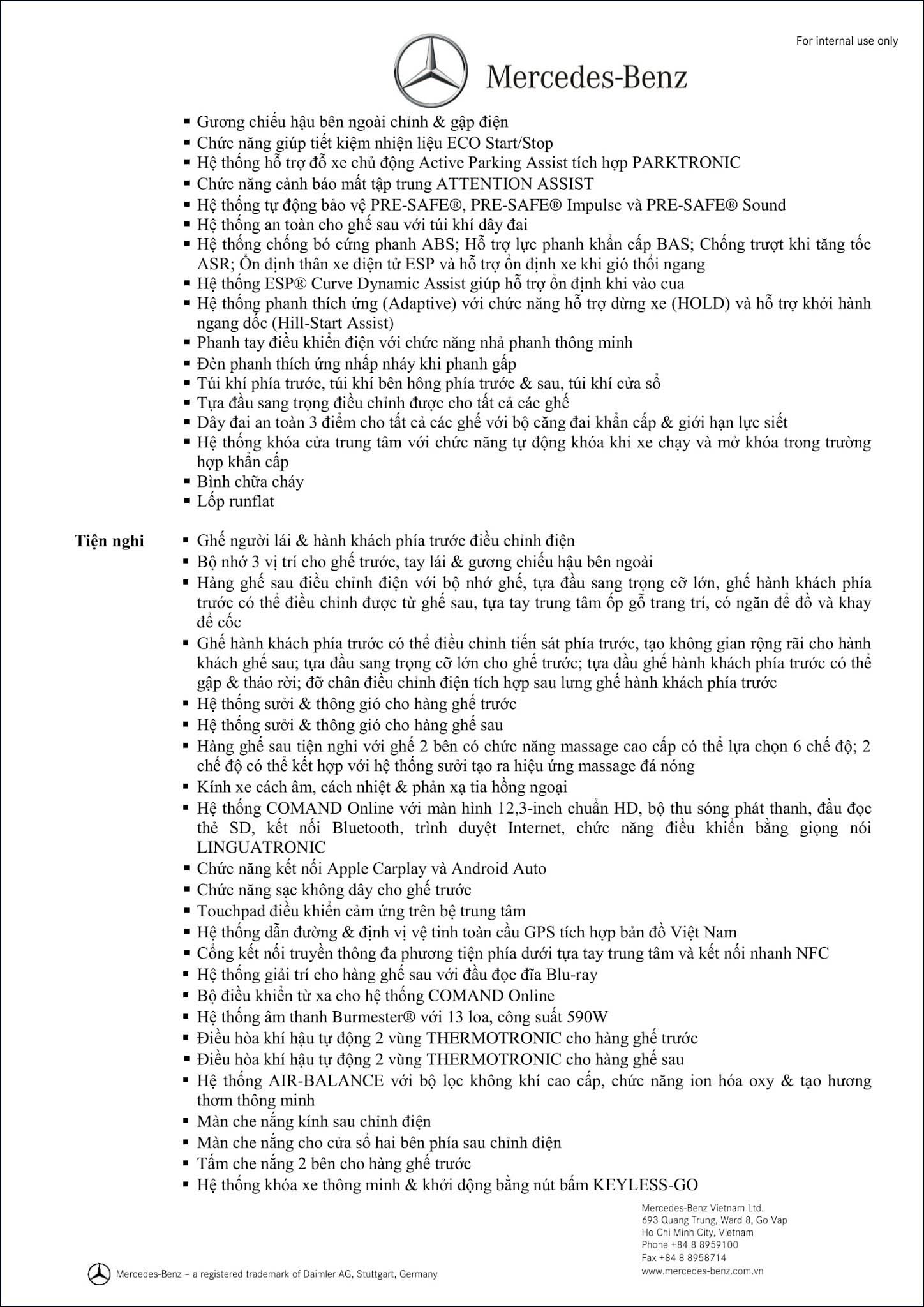 Bảng thông số kỹ thuật Mercedes S450 L 2020 tại MercedesVN