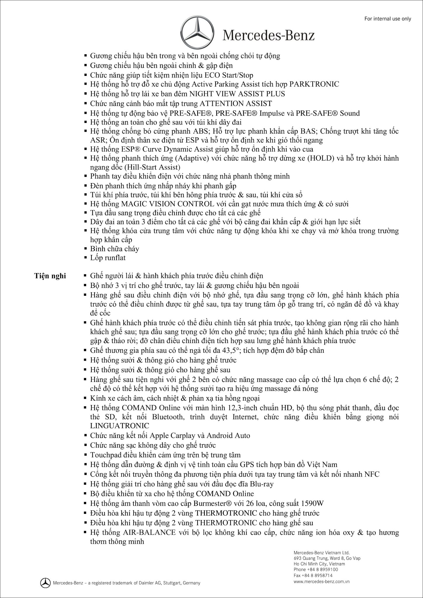 Bảng thông số kỹ thuật Mercedes S450 L Luxury 2020 tại MercedesVN