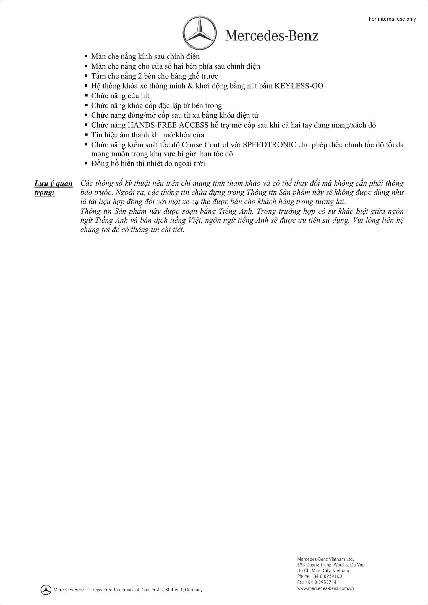 Bảng thông số kỹ thuật Mercedes S450 Luxury 2019 tại MercedesVN