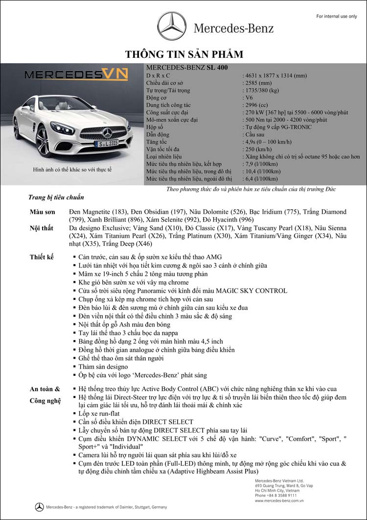 Bảng thông số kỹ thuật Mercedes SL 400 2019 tại MercedesVN