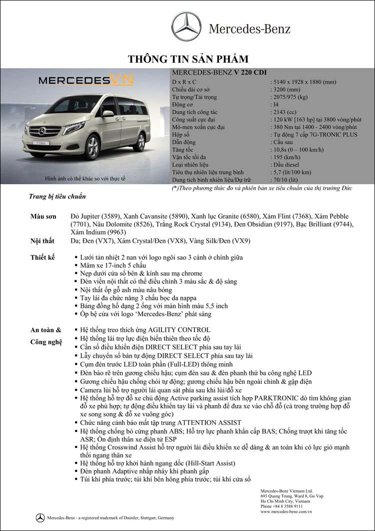 Bảng thông số kỹ thuật Mercedes V220 d Avantgarde 2019 tại MercedesVN