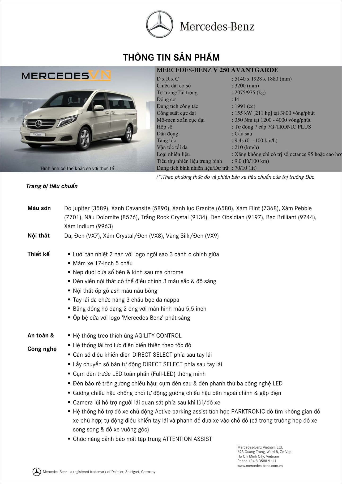 Bảng thông số kỹ thuật Mercedes V250 Avantgarde 2019 tại MercedesVN