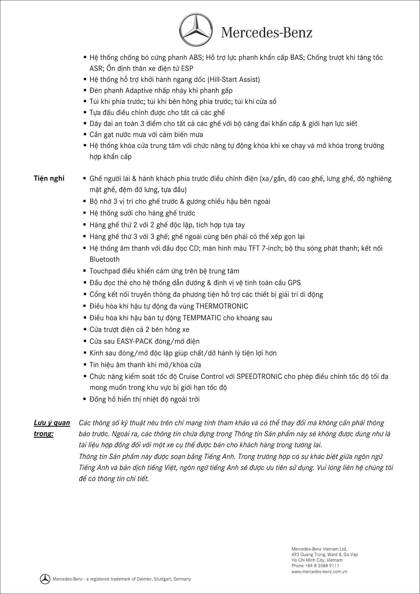 Bảng thông số kỹ thuật Mercedes V250 Avantgarde 2019 tại MercedesVN